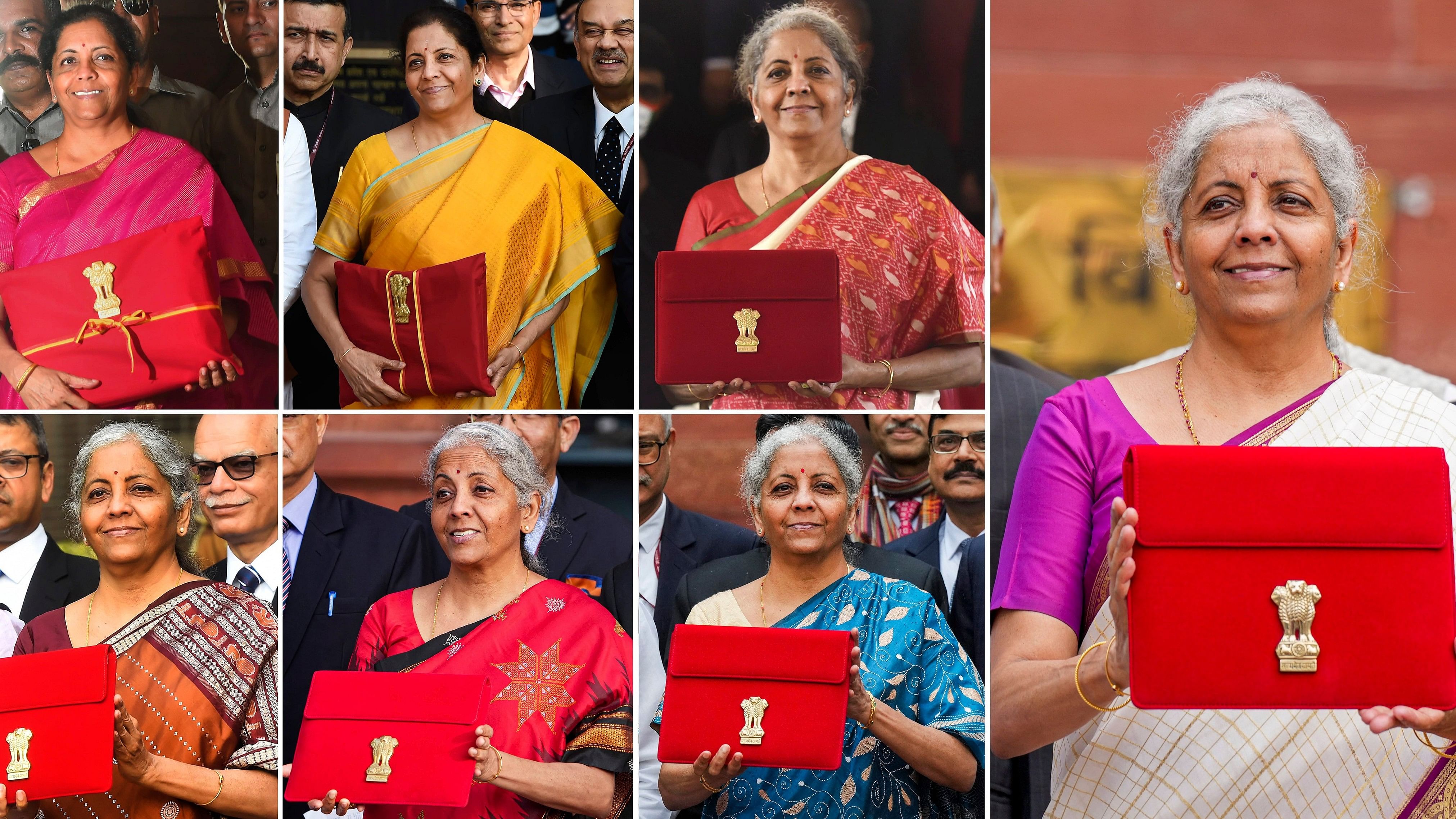 <div class="paragraphs"><p>Combo of file images shows Union Finance Minister Nirmala Sitharaman arrives at Parliament House to present the Union Budget in the years.</p></div>